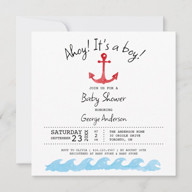 Ahoy C'est un garçon. Invitation baby shower nauti (Devant)