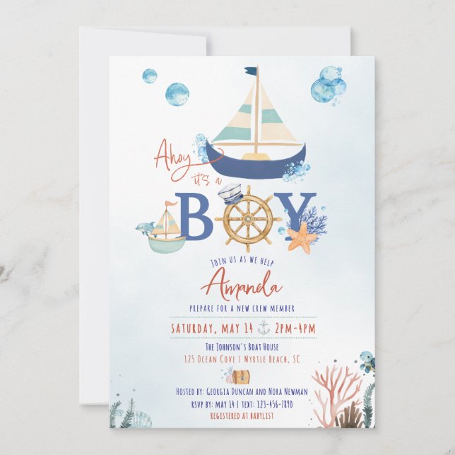 Ahoy C'est un garçon Invitation Baby shower nautiq (Devant)