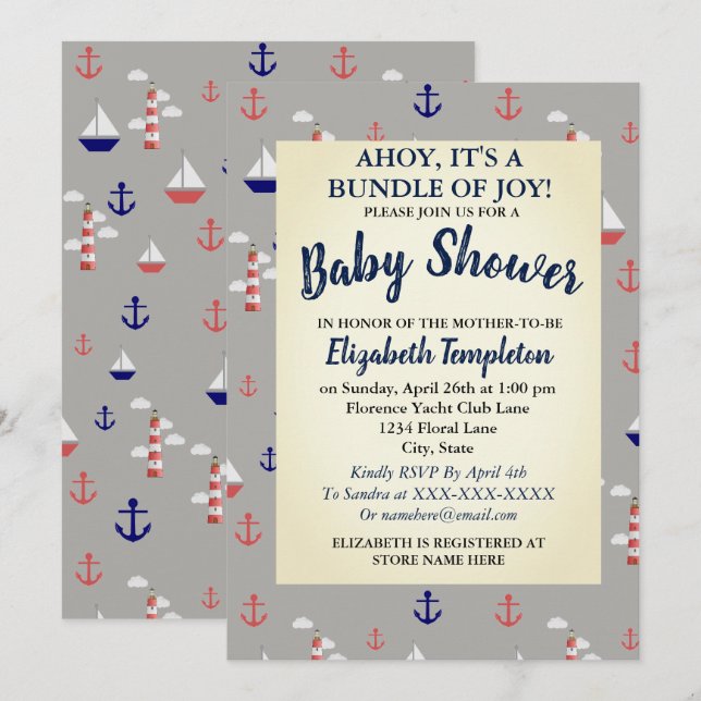 Ahoy Cute Baby shower nautique Invitation (Devant / Derrière)