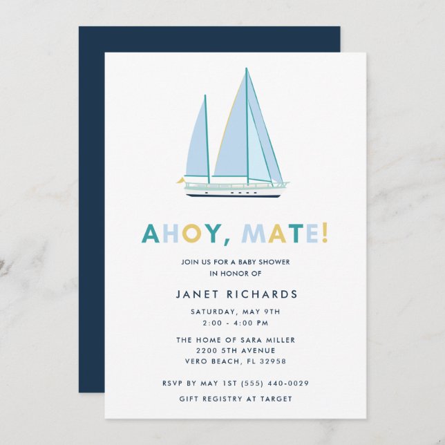 Ahoy Mate Baby shower nautique Invitation (Devant / Derrière)