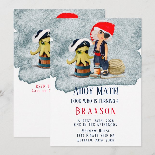 Ahoy Mate Pirates Boy Birthday Party Invitation (Devant / Derrière)