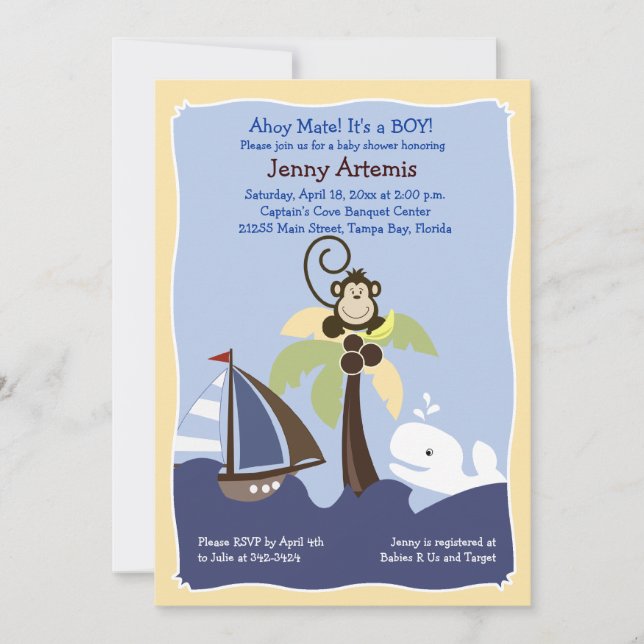 Ahoy Mate Whale, Sailboat & Monkey Invitation 5x7 (Devant)