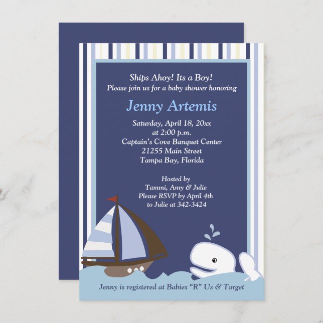Ahoy Mate White Whale 4x6 Baby shower Invitation (Devant / Derrière)