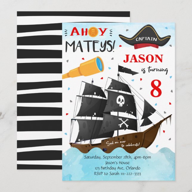 Ahoy Mateys Pirate Invitation d'anniversaire (Devant / Derrière)