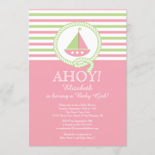 Ahoy Sailboat Nautical Girl Baby shower Invitation