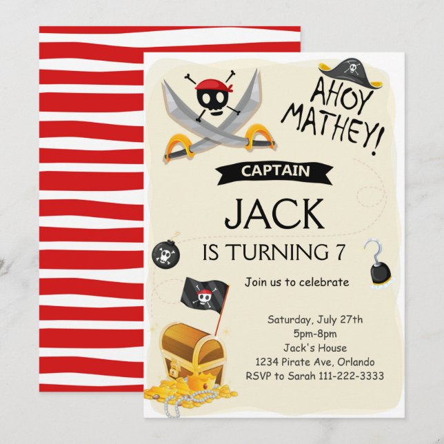 Ahoy Treasure Map Pirate Anniversaire Invitation (Devant / Derrière)