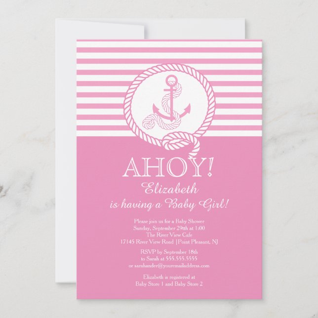 Ahoy ! Une fille Nautique Baby shower Invitation (Devant)
