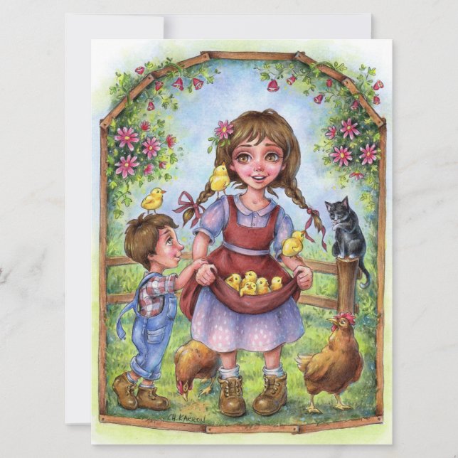 Aide Main Farm Kids Garden Cat Chicks Carte d'art (Devant)