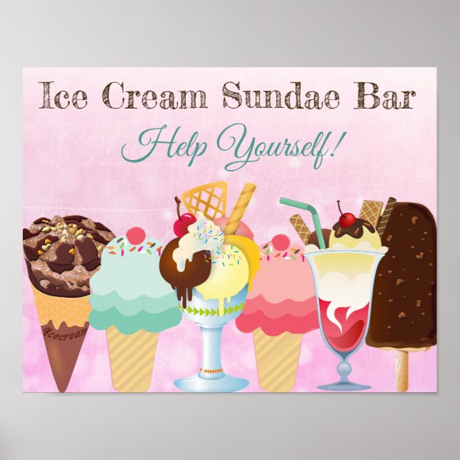 Aidez-vous Crème glacée Sundae Bar Poster Signe (Devant)