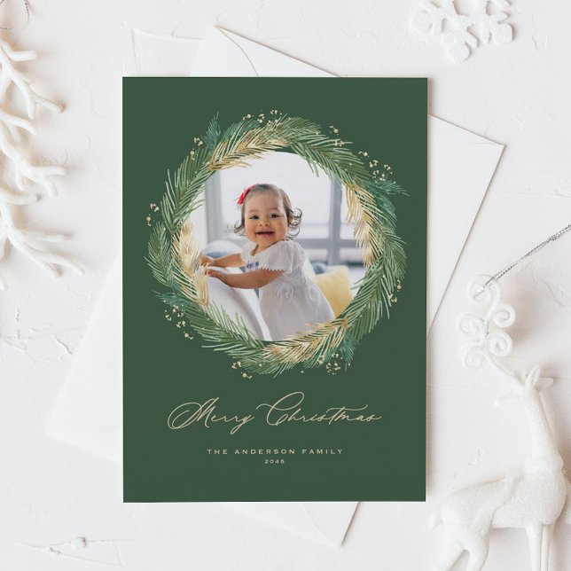 Aiguilles de pin vert et or Wreath Photo de Noël (Faux Gold Foil Pine Needles Wreath Merry Christmas Photo Holiday Card)