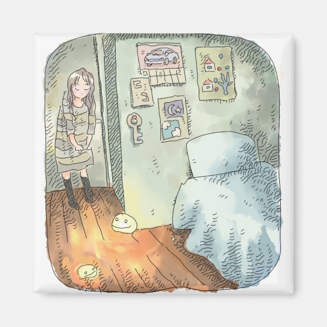 AIMANT さやいしじ　水色の壁、橙色の床のお部屋で隅っこに立っている女性のイラスト (Devant)