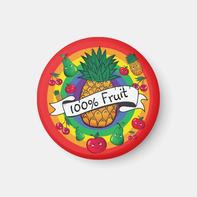 Aimant "100% Fruit" fruit kawaii couleur arc-en-ciel (Devant)