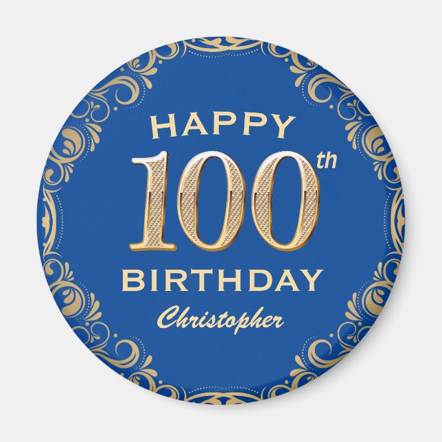Aimant 100e anniversaire Parties scintillant bleue et or  (Devant)