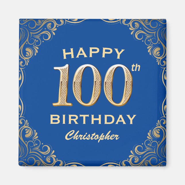 Aimant 100e anniversaire Parties scintillant bleue et or  (Devant)