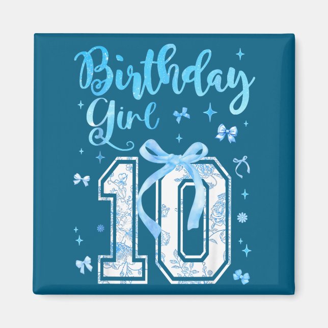 Aimant 10th Birthday Girl Blue Toile Coquette Bow 10 Year (Devant)