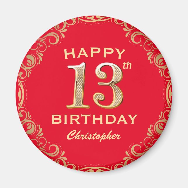 Aimant 13e anniversaire Parties scintillant rouge et or c (Devant)