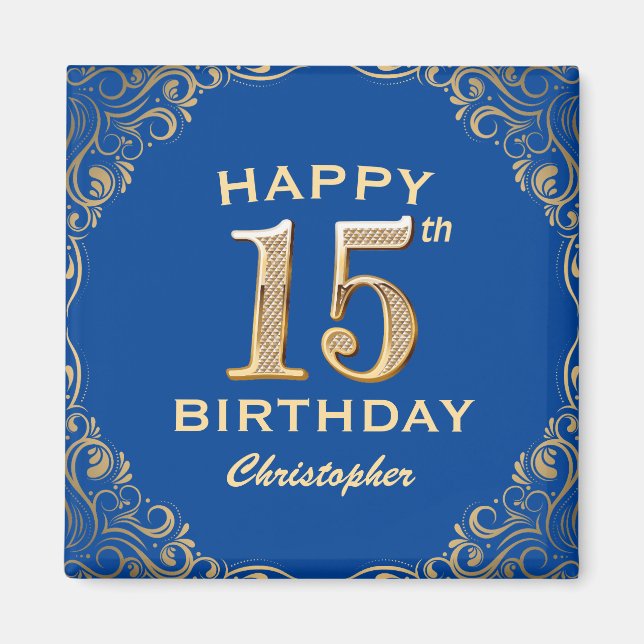 Aimant 15e anniversaire Parties scintillant bleue et or c (Devant)