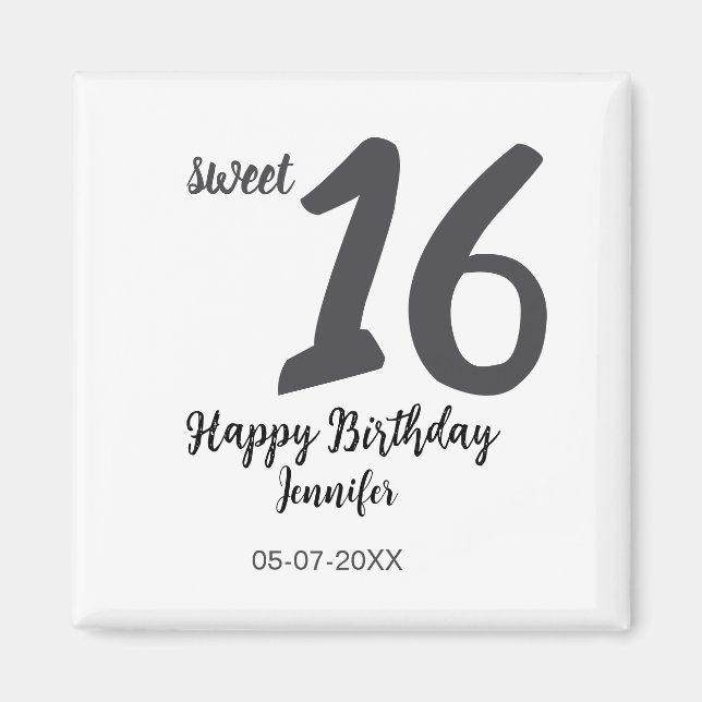 Aimant 16e anniversaire ajouter nom date année noir modèl (Devant)