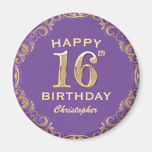 Aimant 16e anniversaire fête violet et or Parties scintil