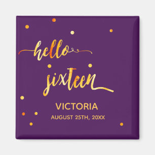 Aimant 16e anniversaire or violet bonjour 16 nom de typog