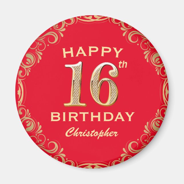 Aimant 16e anniversaire Parties scintillant rouge et or c (Devant)