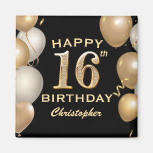 Aimant 16e fête d'anniversaire Ballons noirs et or
