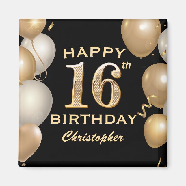 Aimant 16e fête d'anniversaire Ballons noirs et or (Devant)
