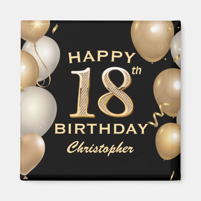 Aimant 18e fête d'anniversaire Ballons noirs et or (Devant)