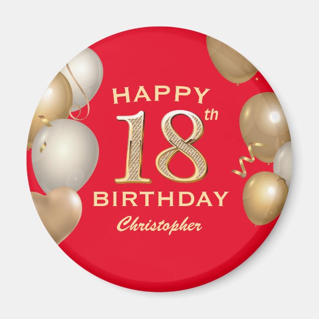 Aimant 18e fête d'anniversaire Ballons rouge et or (Devant)