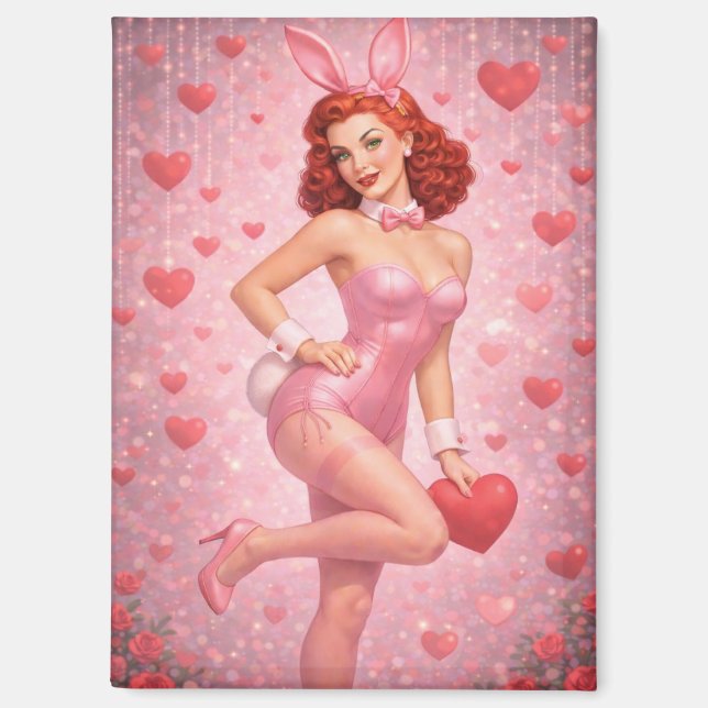 Aimant 1950s Inspired Pink Bunny Art | Playful Valentine  (Recto)
