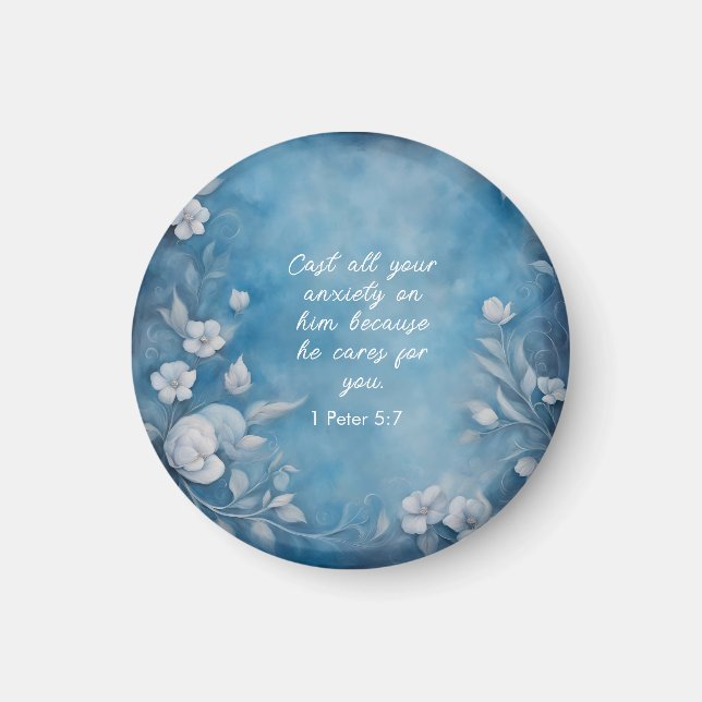 Aimant 1 Pierre 5:7 « Déversez toutes vos anxiétés » Bleu (Devant)