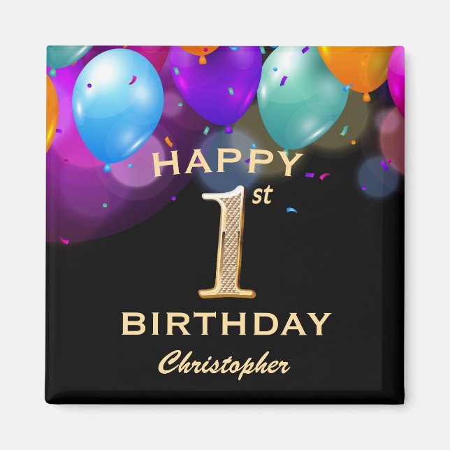 Aimant 1ère fête d'anniversaire Ballons noirs et or (Devant)