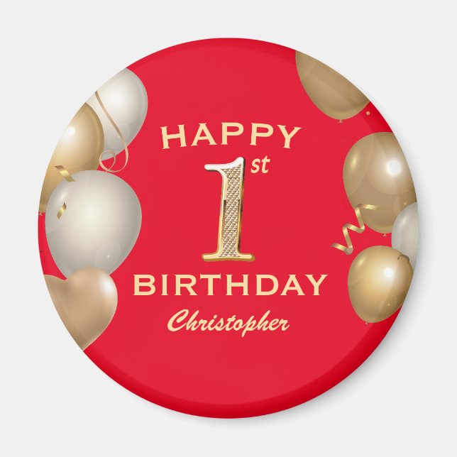 Aimant 1ère fête d'anniversaire Ballons rouges et or (Devant)