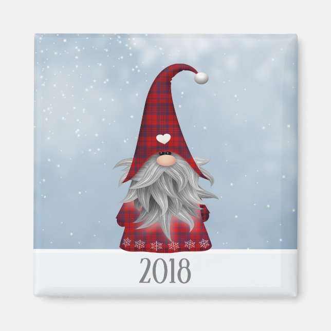 Aimant 2018 Rouge et noir Buffalo Plaid Gnome de Noël (Devant)