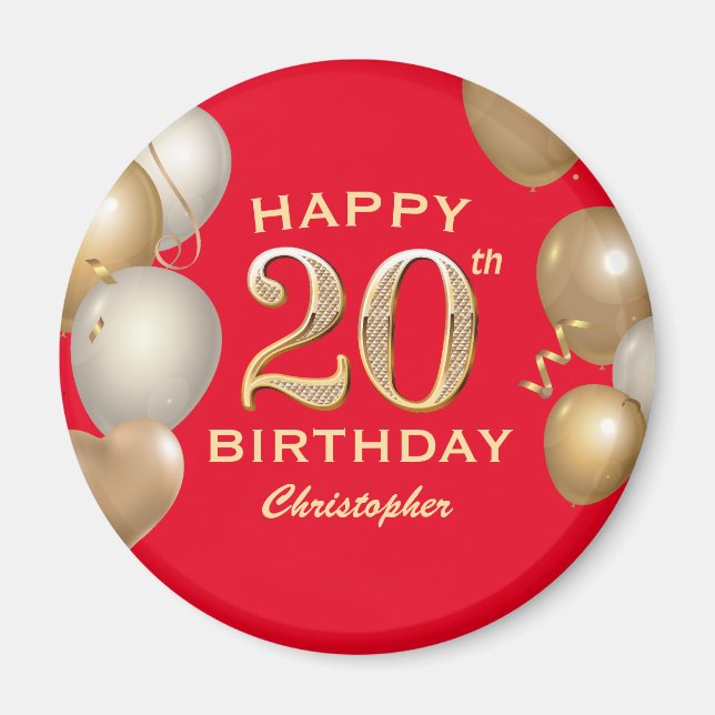 Aimant 20e Anniversaire des Ballons Rouge et Or (Devant)