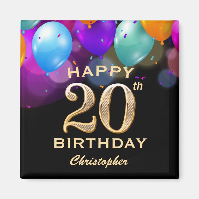 Aimant 20e fête d'anniversaire Ballons Noir et Or (Devant)