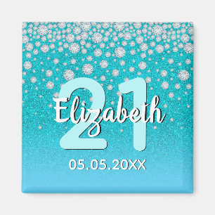 Aimant 21e anniversaire turquoise bleu vert nom de partie