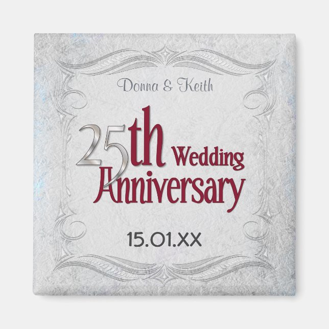 Aimant 25e anniversaire de mariage Argent et Bourgogne (Devant)