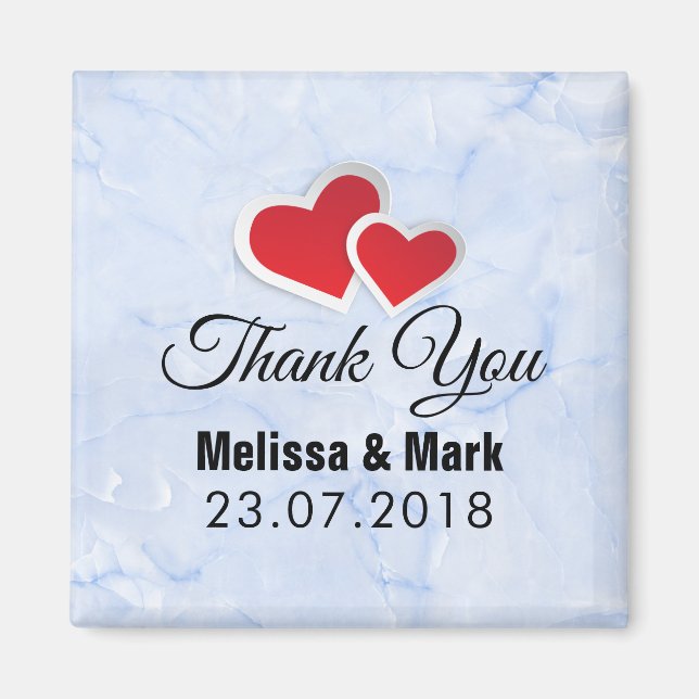 Aimant 2 Coeurs en papier rouge sur Mariage en marbre ble (Devant)