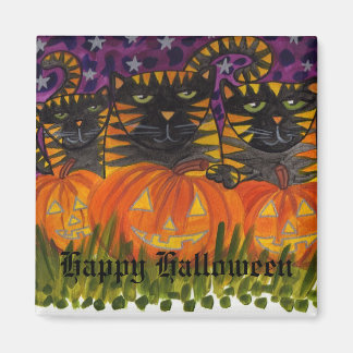 Aimant 3 chats noirs et leurs citrouilles Bonne Halloween