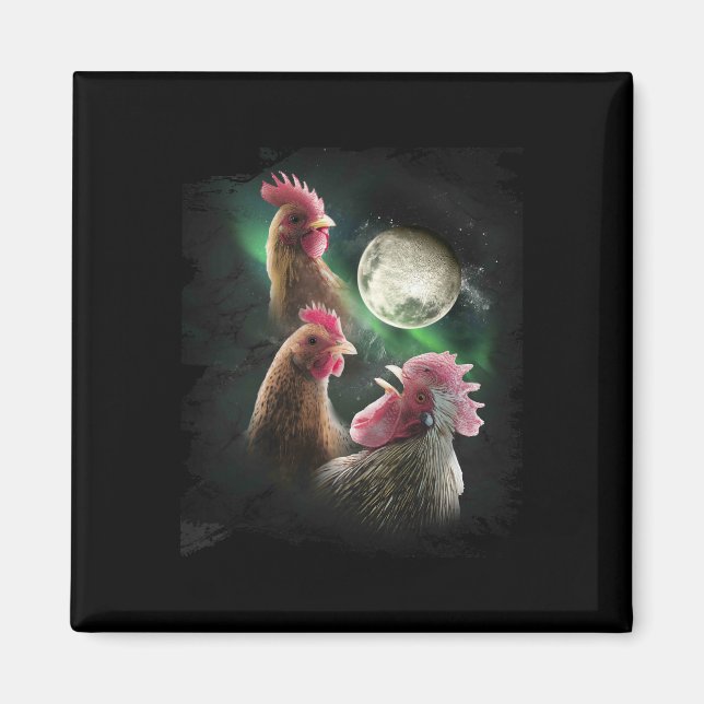 Aimant 3 poules lune loup poulets loups hurlants  (Devant)