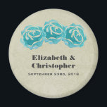 Aimant 3 Teal Watercolor Roses on Tan Damask Wedding<br><div class="desc">A personalized wedding magnet. With a simple trio of teal roses painted with watercolors.  Background is a faded tan damask pattern. Personalize with your names and wedding date.</div>