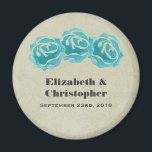 Aimant 3 Teal Watercolor Roses on Tan Damask Wedding<br><div class="desc">A personalized wedding magnet. With a simple trio of teal roses painted with watercolors.  Background is a faded tan damask pattern. Personalize with your names and wedding date.</div>