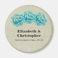 3 Teal Watercolor Roses on Tan Damask Wedding