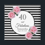 Aimant 40 fabuleux anniversaire noir rayures rose florale<br><div class="desc">Un aimant pour une fête du 40e anniversaire. Bandes horizontales noires et blanches classiques en arrière - plan. Avec des roses roses roses roses girly et féminine comme décoration. Un cadre avec le texte : 40 et Fabulous et modèle pour le nom et la date.</div>
