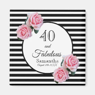 Aimant 40 fabuleux anniversaire noir rayures rose florale