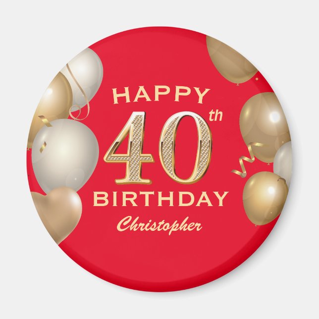 Aimant 40e Anniversaire des Ballons Rouge et Or (Devant)