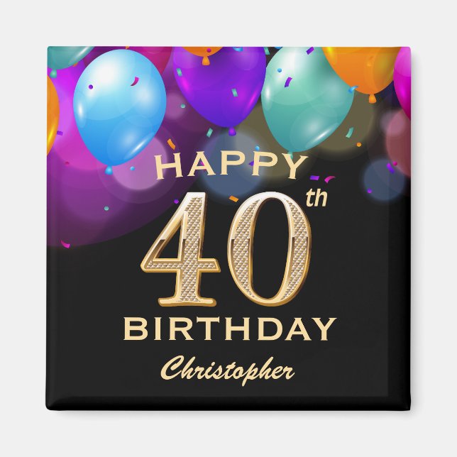 Aimant 40e fête d'anniversaire Ballons noirs et or (Devant)