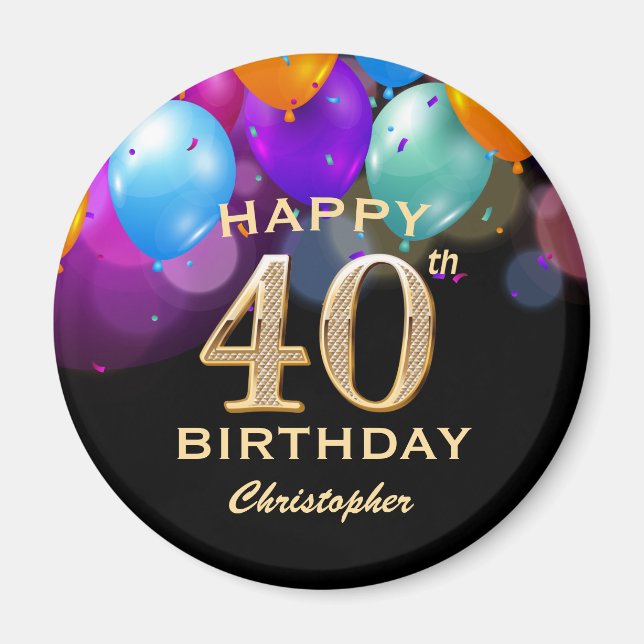 Aimant 40th Birthday Party Black and Gold Balloons (Devant)