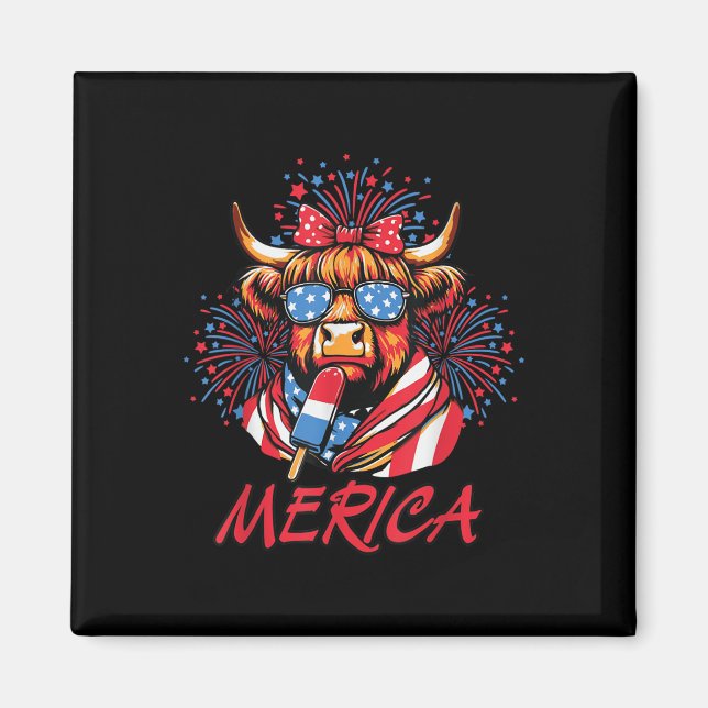 Aimant 4 juillet Highland Cow Popsicle Firework Usa Ame (Devant)